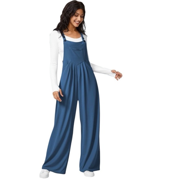 HALARA Pants - HALARA Waffle Jumpsuit Coveralls Stylish Blue Wide-Legs Multiple Pockets Casual
